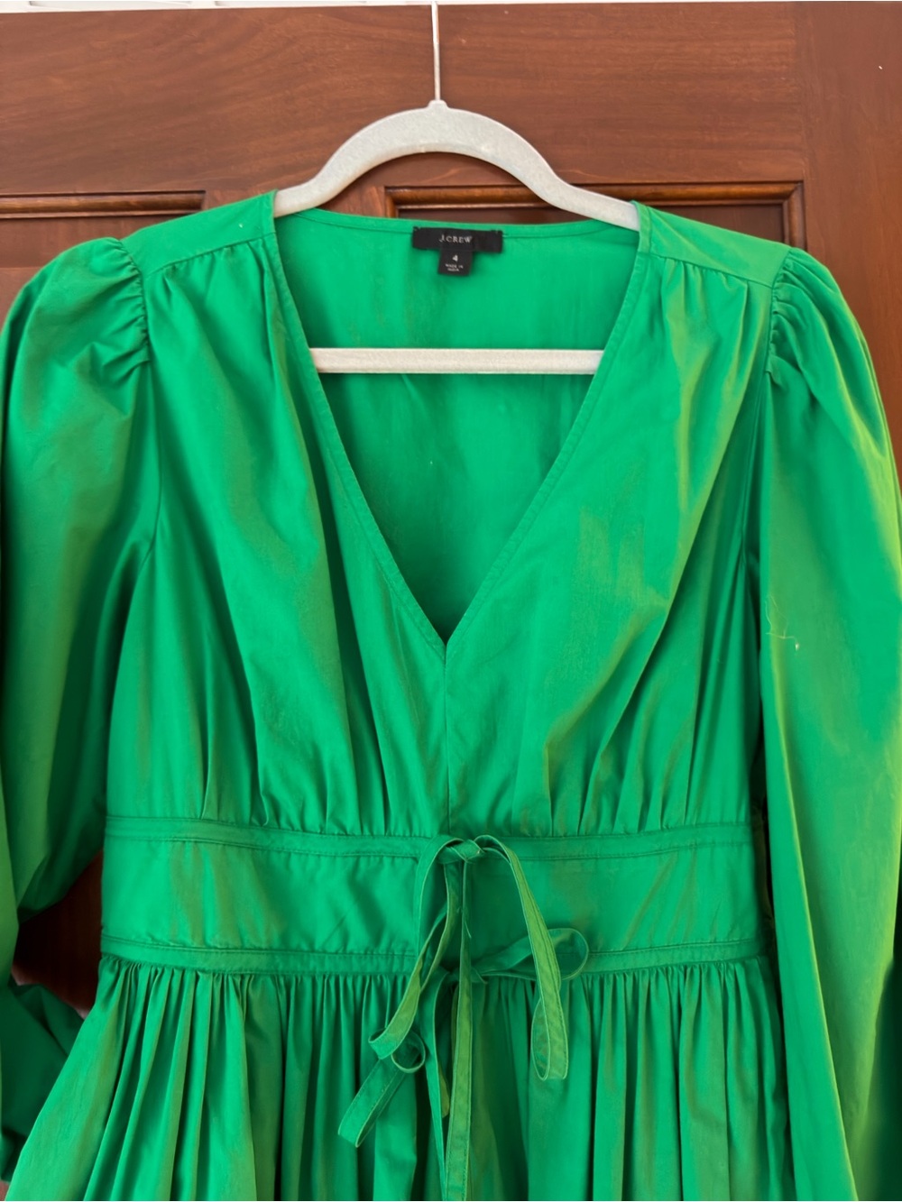 J. Crew Emerald Green V-Neck Tie-Waist Long Sleeve Midi Dress Size 4
